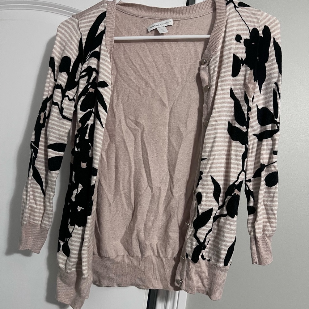 New York & Company Blush Pink and Black Floral Stripe Cardigan